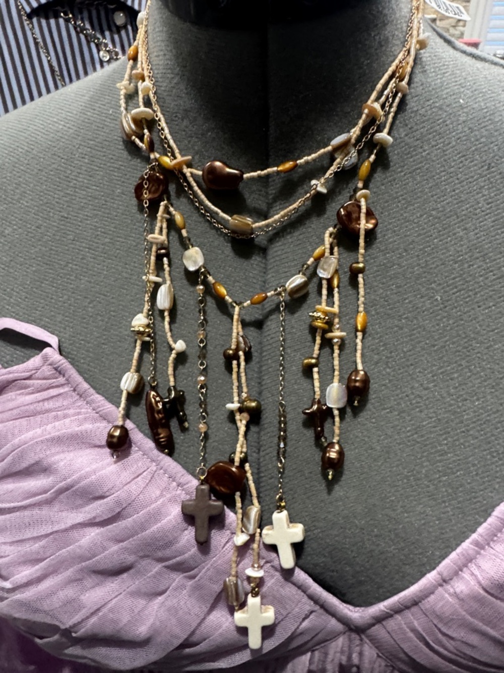 Free People Multi-Strand Bead Necklace with Cross Pendants - Brown, Cream, Gold